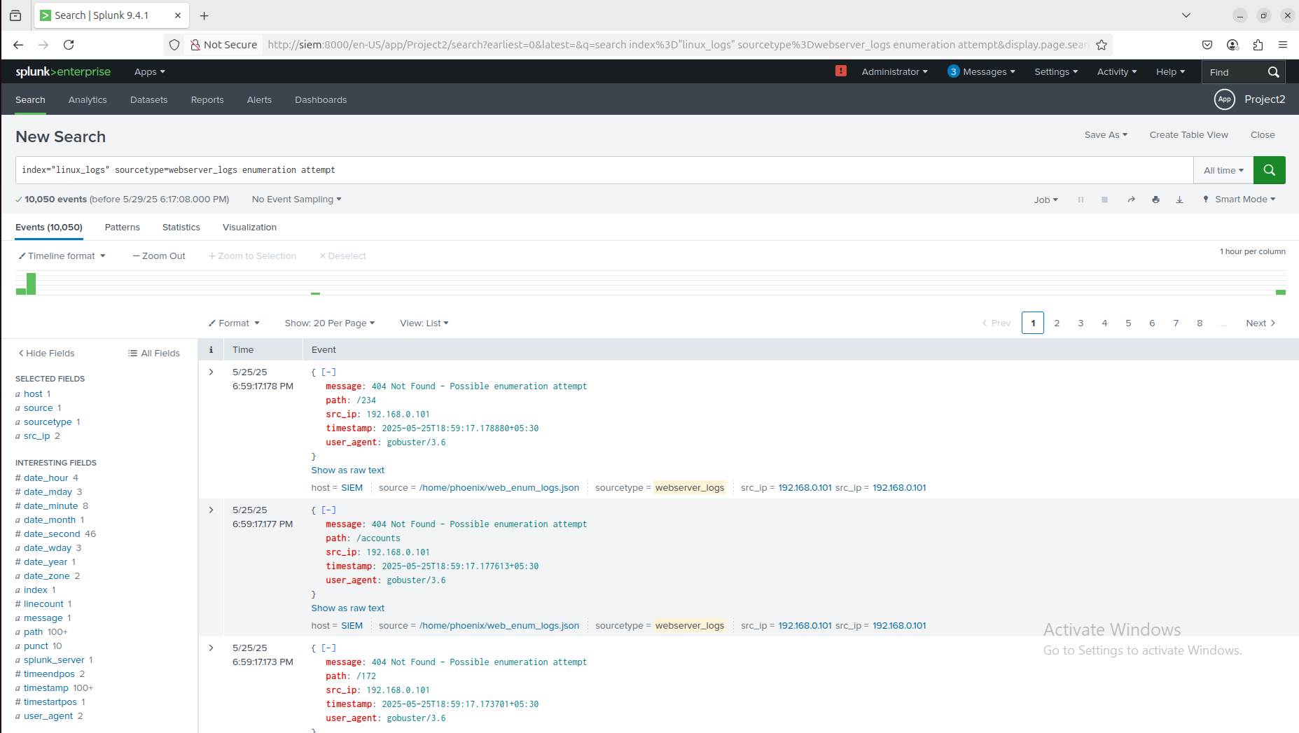 Image showing Web enumeration logs in Splunk