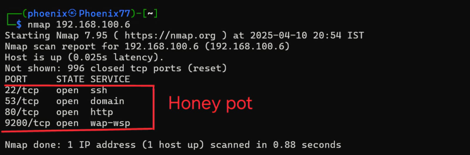 Nmap scan showing open ports on honeypot
