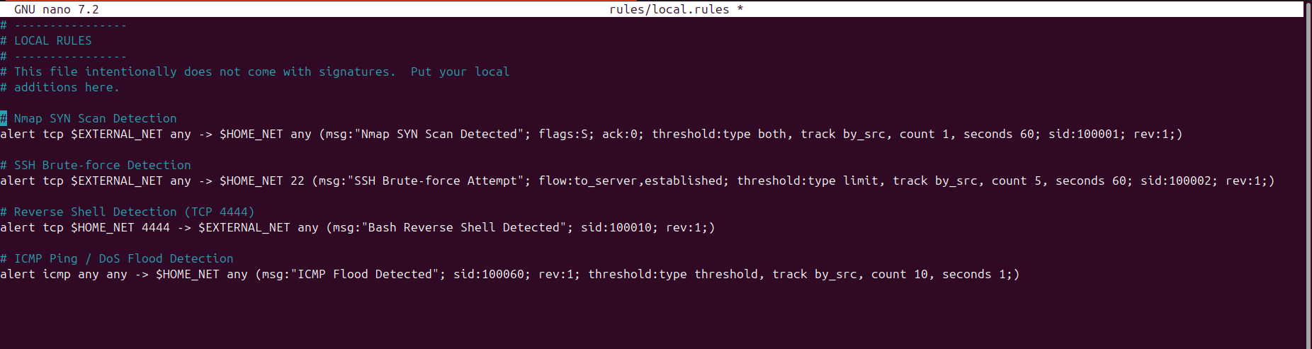 Custom Snort rules configured to detect scans, brute-force, reverse shells, and ICMP floods