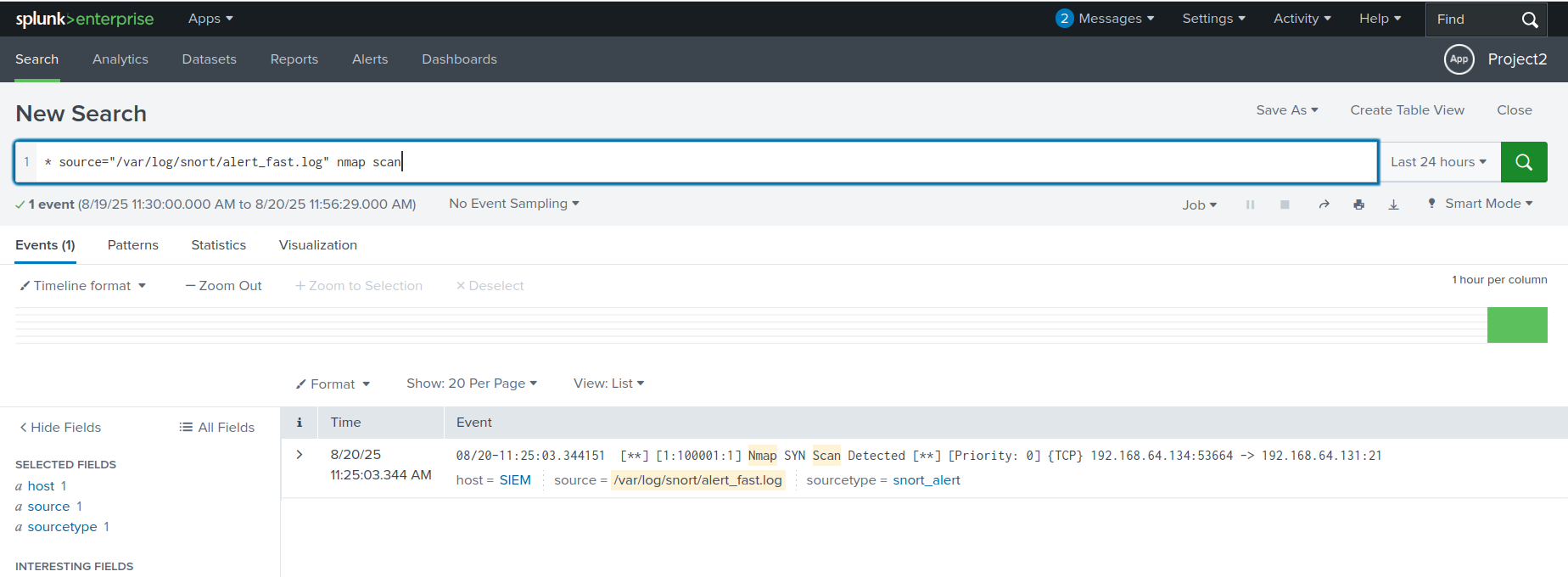 Splunk view showing Nmap scan detection