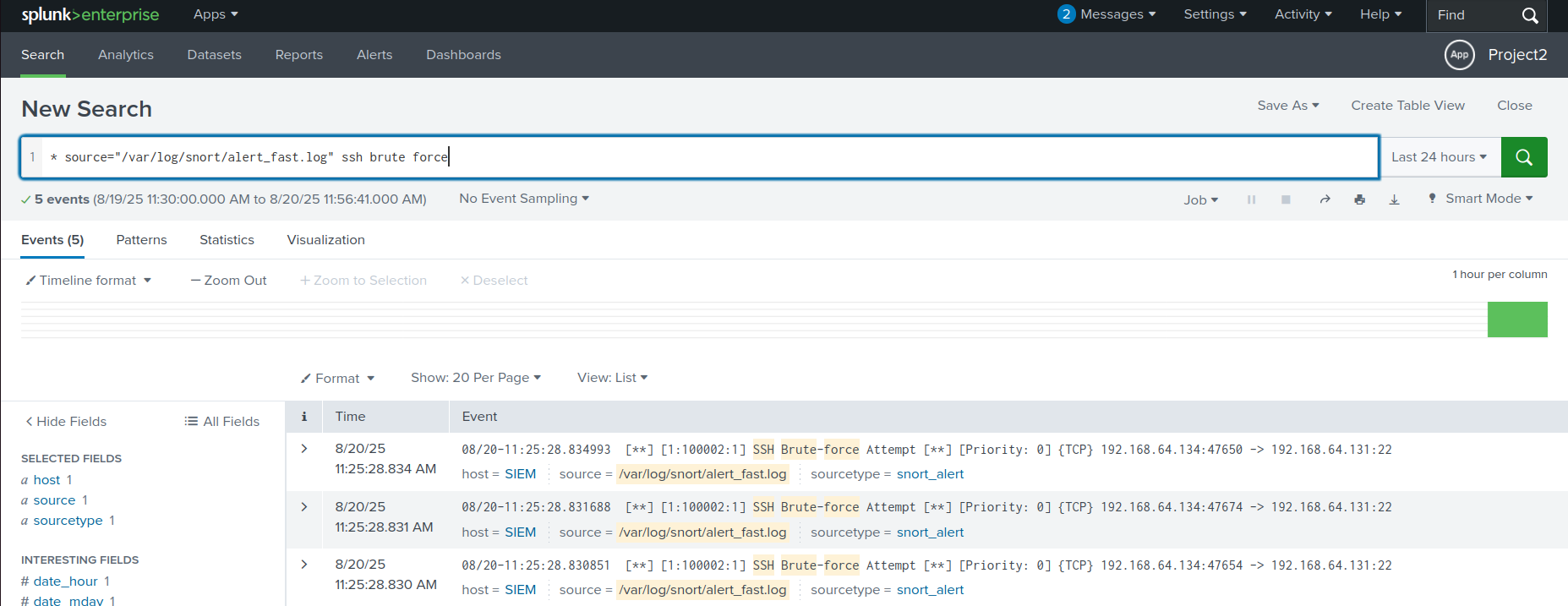 Splunk view showing SSH brute-force detection