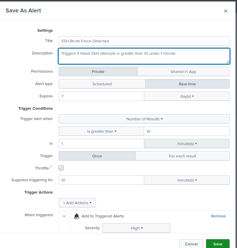 SSH brute-force alert in Splunk