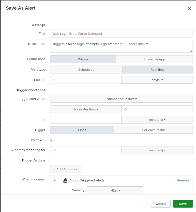 Web login brute-force alert in Splunk